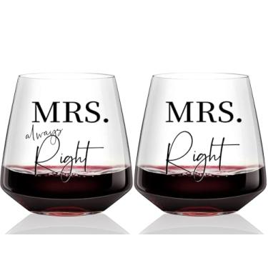 Imagem de Conjunto de taças de vinho Mrs Right and Mrs Always Right Stemless – Presente de casamento lésbico para casais, presentes de noivado para mulheres, presente de aniversário LGBTQ+ para ela