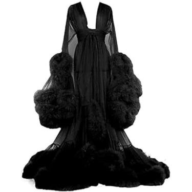 Imagem de Mulheres Sexy Lllusion Longo Lingerie Robe Camisola Feather Robe Fur Trim Robe Camisola Roupão De Banho Sleepwear Feather Nupcial Robe Vestido De Noiva, G, One Size