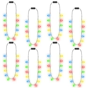 Imagem de 8 peças de colar de Natal iluminado, acessórios de Natal de LED, 4 cores de lembrancinhas de festa infantil, 3 modos de colares de Natal a granel pequenas lâmpadas acendem colares de Natal decorações