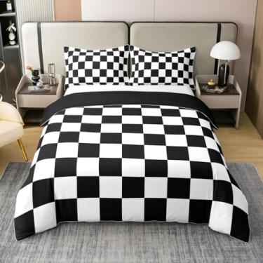 Imagem de Jogo de cama retrô xadrez para adolescentes, mulheres, homens, preto, branco, xadrez, 100% algodão, capa de edredom tamanho casal para crianças, meninos, meninas, geométrico, vintage, moderno, simples