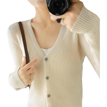 Imagem de Inverno Cashmere Cardigan Womens V-neck Outwear Curto Malha Cardigan Bottoming Camisa Solta Longo-manga Longa Camisolas, Light Beige, L