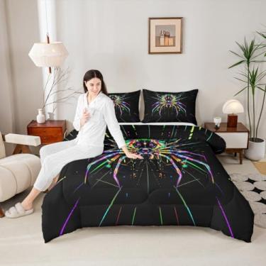 Imagem de Conjunto de edredom gótico tarântula teia de aranha tamanho casal, conjunto de cama infantil feliz dia das bruxas ocidental, edredom moderno psicodélico mágico, enchimento de edredom colorido em