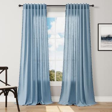 Imagem de Cortinas Boho extralongas de 272 cm de comprimento, bolso azul para varão e aba traseira filtrada e respirável semitransparente, cortina boêmia de borla para sala de estar, 132 x 278, 2 painéis