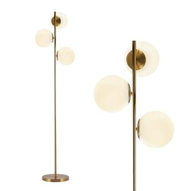 Imagem de BOKT Candeeiros de chão dourados modernos de meados do século 3 lâmpadas globo de pé luminária de chão com poste alto com vidro fosco lâmpada de chão ajustável contemporânea para sala de estar
