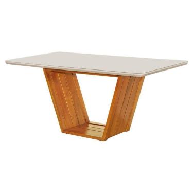 Imagem de Mesa De Jantar Luxo Retangular 160x90 Mdf/vidro Para 6 Lugares Pés Madeira Maciça Safira - Mel/off W