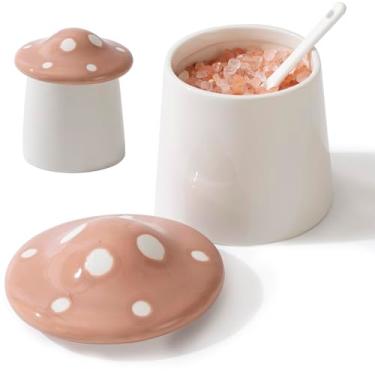 Imagem de TreaHome Adorável adega de sal de cogumelos, adega de sal de 325 ml com tampa e colher, recipientes de sal à prova de umidade para bancada, pote de temperos multiuso