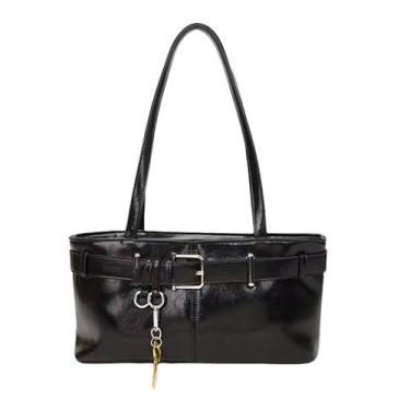 Imagem de Base'ic Bolsa de ombro feminina de couro vegano com detalhe de cinto e pingente de chave – Bolsa de mão média para uso diário, trabalho e viagens, Preto