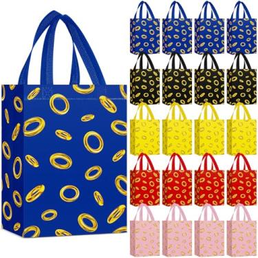 Imagem de Locmeo 24 peças de sacos de presente de anéis de ouro com alças 20 x 10 x 25 cm azul ouriço desenho animado sacos não tecidos lembrancinhas de festa de videogame para decorações de festa de jogadores