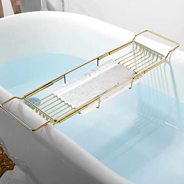 Imagem de Bandeja de banheira para casa de banho de luxo, suportes expansíveis de aço inoxidável polido, bandeja de mármore para casa de banho, leitura de laptop e mesa de banheira organizadora ideal para