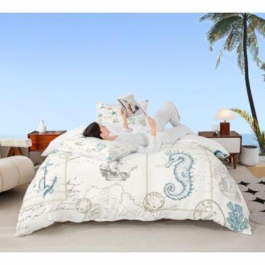 Imagem de Conjunto de capa de edredom náutico de praia, tamanho Queen, capa de edredom de oceano costeiro, concha, cavalo marinho, estrela-do-mar, veleiro, conjunto de cama para crianças, adolescentes, adultos