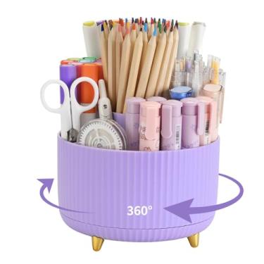 Imagem de Camelmother Suporte de caneta para mesa com 5 compartimentos, suporte giratório de 360°, maquiagem, material de professor, decoração de escritório (roxo)