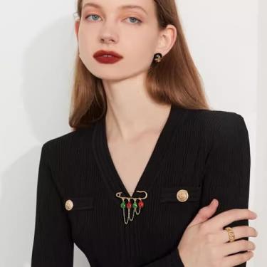 Imagem de Broche de segurança Jingle Bell corrente borla broche de Natal para mulheres homens verde vermelho sininho bonito ornamento grinalda broches lapela festival de ano novo festival decoração meias