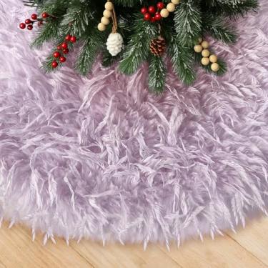 Imagem de AtiMing Saia de árvore de Natal roxa pequena de pele sintética 61 cm com design de penas longas, luxuosa saia de árvore de Natal de pelúcia para decoração de férias, festa de inverno e decorações