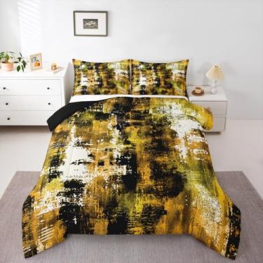 Imagem de Feelyou Conjunto de edredom abstrato, King, moderno, arte abstrata, conjunto de cama para crianças, meninos, meninas, preto e amarelo, decoração de quarto de luxo, microfibra geométrica, 3 peças com 2