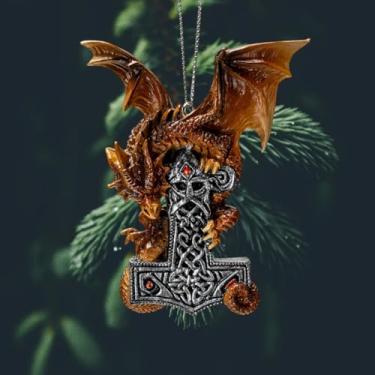 Imagem de Pacific Giftware Ornamento de dragão guardião Mjolnir por Anne Stokes com um dragão de bronze feroz com design de martelo celta intrincado para decoração de casa e presentes de 9 cm de comprimento