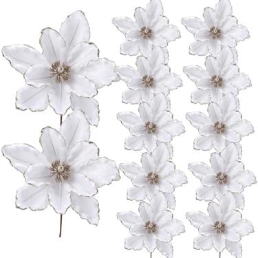 Imagem de Garvee 12 peças de poinsétias artificiais grandes de 30,5 cm, flores de magnólia de Natal falsas com glitter, palitos florais grandes para guirlanda de árvore de Natal, branco