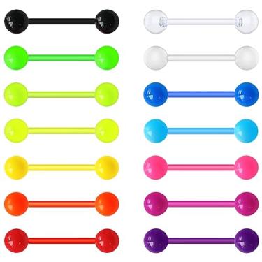 Imagem de WildVibe Anéis de língua de plástico para mulheres 14 g - Anéis de língua de plástico 16 mm Barra bioflex flexível com bolas de acrílico de 6 mm - Conjunto de joias de piercing hipoalergênico