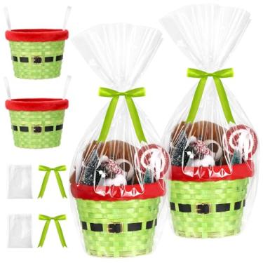 Imagem de Threehoney Cesto de presente de Natal, conjunto de embrulho vazio, cesta de corda de bambu com saco e fita de laço, presentes de Natal para mulheres, homens, armazenamento de presente, lanche com alça