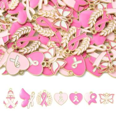 Imagem de UR URLIFEHALL 70 peças, 7 estilos, pingentes esmaltados para câncer de mama, fita rosa, coração e borboleta, pingentes para pulseira faça você mesmo, colar, brincos, fabricação de joias artesanais