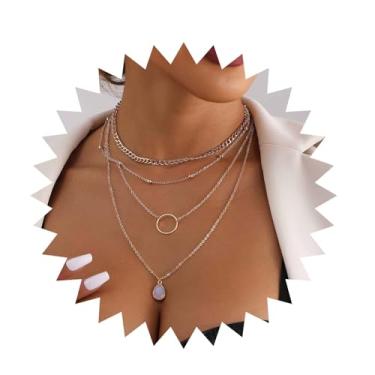 Imagem de TseanYi Colar em camadas com pingente de gota de pedra da lua, colar de gargantilha com círculo vazado, vintage, corrente de satélite, multicamadas, pedras preciosas, colares de gota d'água, joias