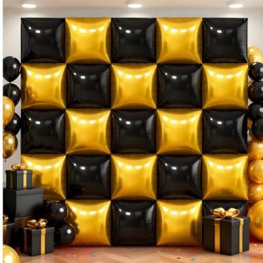 Imagem de 25 peças de fundo de parede de balões quadrados pretos e dourados, dupla face, balões metálicos, túnel, arco, guirlanda, kit para cabine de fotos, aniversário, casamento, formatura, decoração de festa
