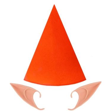 Imagem de BEBAOVO Conjunto de acessórios festivos de fantasia de gnomo, chapéus de cone de feltro com orelhas de elfo para Halloween, Natal, chapéu de giz de cera de fada elfo cosplay (laranja)
