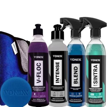 Imagem de Kit Completo de Lavagem e Proteção Automotiva V-Floc, Blend Spray, Sintra Fast, Intense, Toalha Microfibra 40x40 e Aplicador de Espuma Vonixx