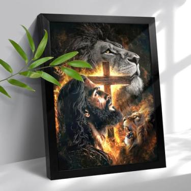 Imagem de Arte de parede emoldurada cristã Jesus e leão tela decoração de parede imagens de cristianismo religioso pôster de igreja cruz católica impressão bíblica arte para sala de oração cristã escritório
