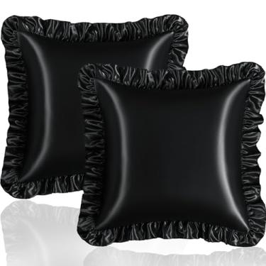 Imagem de Eychei Conjunto de 2 fronhas de travesseiro com babados pretos, 45,7 x 45,7 cm, fronhas de cetim para cabelo e pele, fronha de seda com fecho de envelope, fronha com babados antirugas para sofá, cama