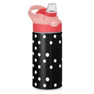 Imagem de JUZIHAI Garrafas de água infantis com fundo preto de bolinhas brancas de 350 ml, isolada a vácuo, com tampa de palha, copo de viagem à prova de vazamento