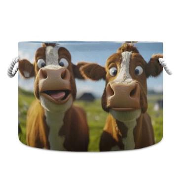 Imagem de JUZIHAI Cesta de armazenamento dobrável de vaca engraçada para bebê, cesto de roupa suja, cobertor com alças de corda de algodão, caixa de brinquedos dobrável, organizador de armário para quarto