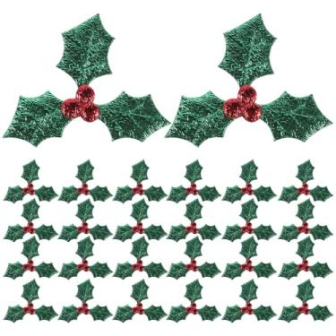 Imagem de Angoily 100 peças de apliques bordados de folhas artificiais de azevinho de Natal para artesanato, acessórios de decoração de cabeça DIY (verde, 5 cm)