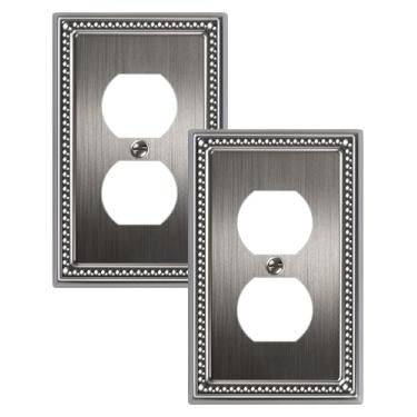 Imagem de TREEWELL Pacote com 2 capas de tomada duplex, placas de parede de metal prata para tomadas elétricas, 1 capa de interruptor de luz de receptáculo de grupo, placas decorativas de pérolas e tampas de