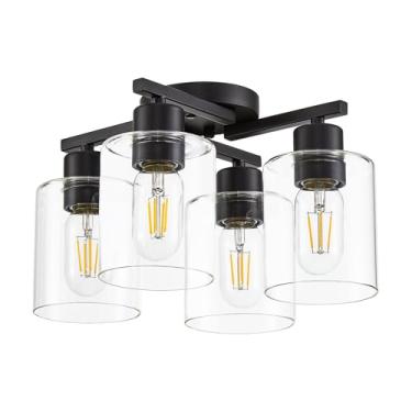 Imagem de DIDUIO Teto de luminárias de cozinha, luz de teto preta com montagem semi-embutida, 4 luminárias de cozinha, luzes Cieling com sombra de vidro transparente para quarto, hall de entrada, fazenda