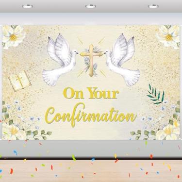 Imagem de Banner On Your Confirmation Backdrop - Fundo de festa de chá de panela - Primeira comunhão - Aniversário - Decorações de fundo para fotografia de festa de casamento de batizado religioso - 1,8 x 1,2 m