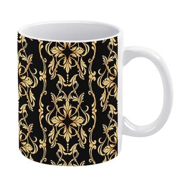 Imagem de Flores florais barrocas douradas douradas sem costura em copo de cerâmica preto e branco, caneca de chá de 325 ml, caneca de café, caneca de leite, copo de cerâmica para escritório em casa, café