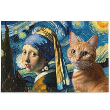 Imagem de Quebra-cabeça engraçado gato noite estrelada fofo personalizado 1000 peças adulto engraçado jogo tecnologia presentes divertido mordaça presente quebra-cabeça pintura de belas artes, 75 cm x 50 cm