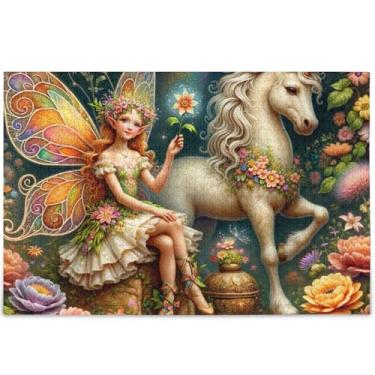 Imagem de Quebra-cabeça flor fada unicórnio 500 peças para adultos jogo tecnológico quebra-cabeças difíceis cenário personalizado arte animal, 52 cm x 37,8 cm