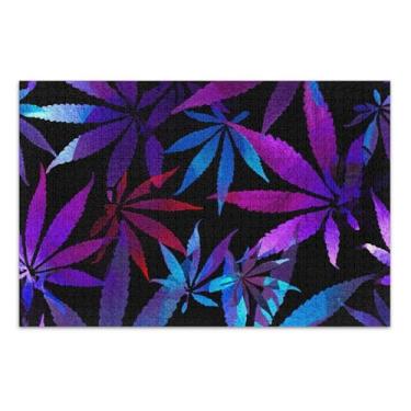 Imagem de Quebra-cabeça de 1000 peças para adultos família elefante branco presentes quebra-cabeça difícil pintura artística colorida folha de cannabis roxo azul, 29,5 x 19,7 polegadas