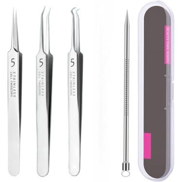 Imagem de 4 pinças removedoras, kit de ferramentas de aço inoxidável, agulha de acne, comedão, extrator de cravos para nariz e olho