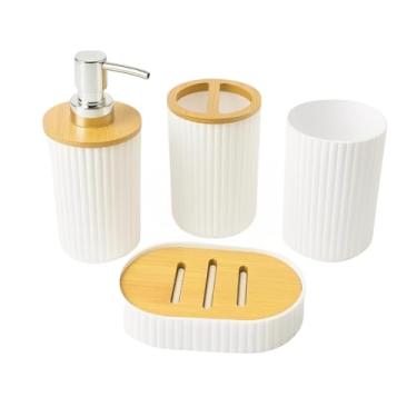 Imagem de Kit Banheiro 4 Peças Bambu | Dispenser, Saboneteira, Porta Escovas e Copo Organizador para Pia e Lavabo (Branco)