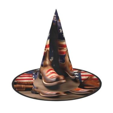 Imagem de XLLingL Bandeira americana com botas de cowboy estampado chapéu de bruxa de Halloween, chapéu de feiticeiro, adequado para festas de RPG e festas à fantasia - 1 peça