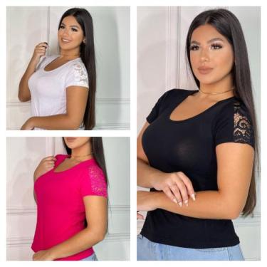 Imagem de Kit 3 blusas feminina detalhe de renda manga curta - GK TODA BELA, Bra