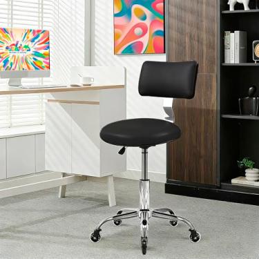 Imagem de Cadeira de rodinhas com rodas, banco ajustável em altura com suporte para as costas, cadeira resistente com rodinhas com almofada de assento de couro PU para salão de beleza, spa, massagem, cozinha