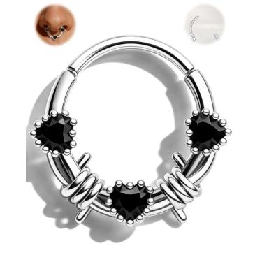 Imagem de Jewseen Anéis de septo de coração preto 16G 316L Piercing de septo de aço cirúrgico 8 mm hélice de espinho Daith piercing joia de aço inoxidável Helix Daith brinco para mulheres