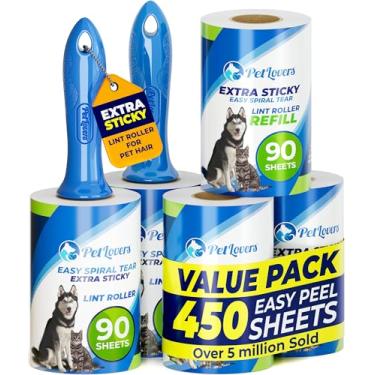 Imagem de PetLovers Rolo de fiapos extra pegajoso, conjunto com 450 folhas para remoção de pelos e roupas de animais de estimação, removedor de fiapos para cães e gatos, pacote com 5