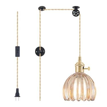 Imagem de GMTB Luminárias pendentes de plugue, luminária pendurada, luminária pendente de vidro vintage, mini lâmpada suspensa de tulipa âmbar, iluminação pendente para ilha de cozinha, quarto, sala de jantar