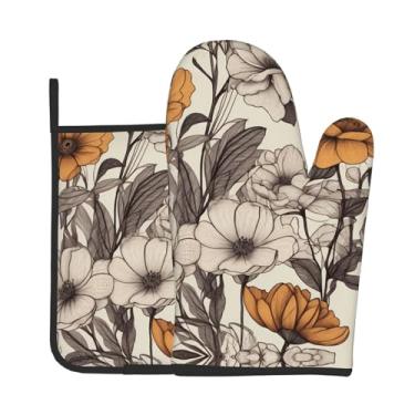 Imagem de Conjunto de luvas de forno com estampa de flores desenhadas à mão, conjunto de 2 peças, adequado para cozinhar, assar e grelhar ao ar livre