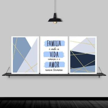 Imagem de Kit 3 Quadros Família Vida Amor Azul 33X24Cm Moldura Branca