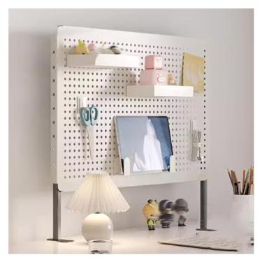 Imagem de Mesa de Pegboard de monitor duplo com painel de privacidade - Acessórios de escritório modulares para jogos e trabalho, mesa de pé ajustável, 80 x 40 cm, solução ergonômica A-White para espaço de